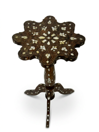 Syrian Pedestal Side Table — Walnut Wood with Mother of Pearl Inlay & Scalloped Star Top