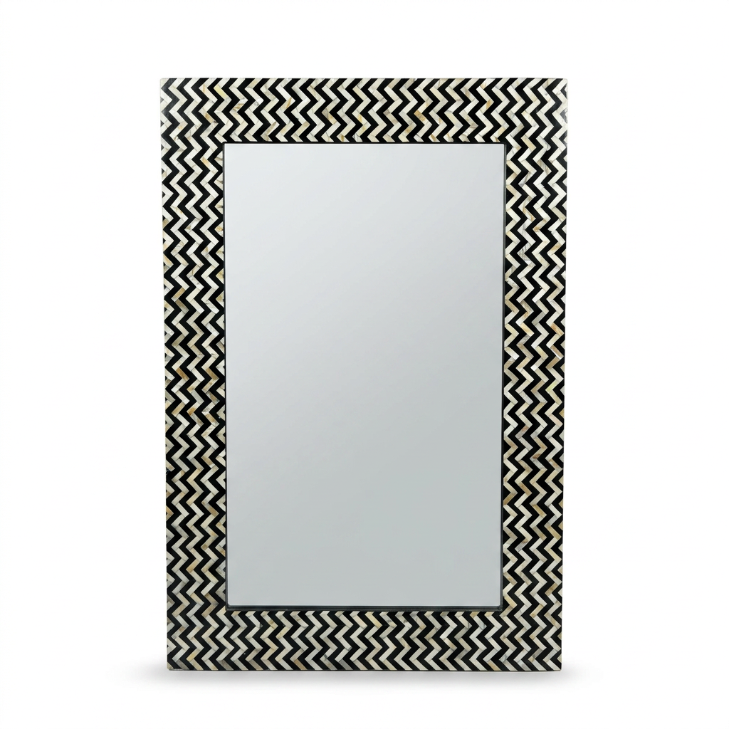 Wall Mirror — Mother of Pearl & Resin Chevron Zigzag Frame on Ebony Base