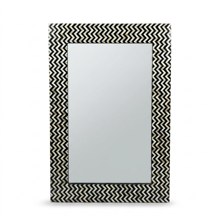 Wall Mirror — Mother of Pearl & Resin Chevron Zigzag Frame on Ebony Base