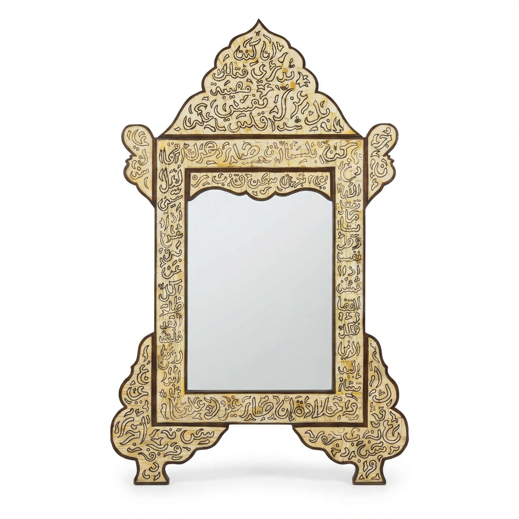 Wall Mirror — Hand-Painted Arabic Calligraphy on Camel Bone & Wood Frame