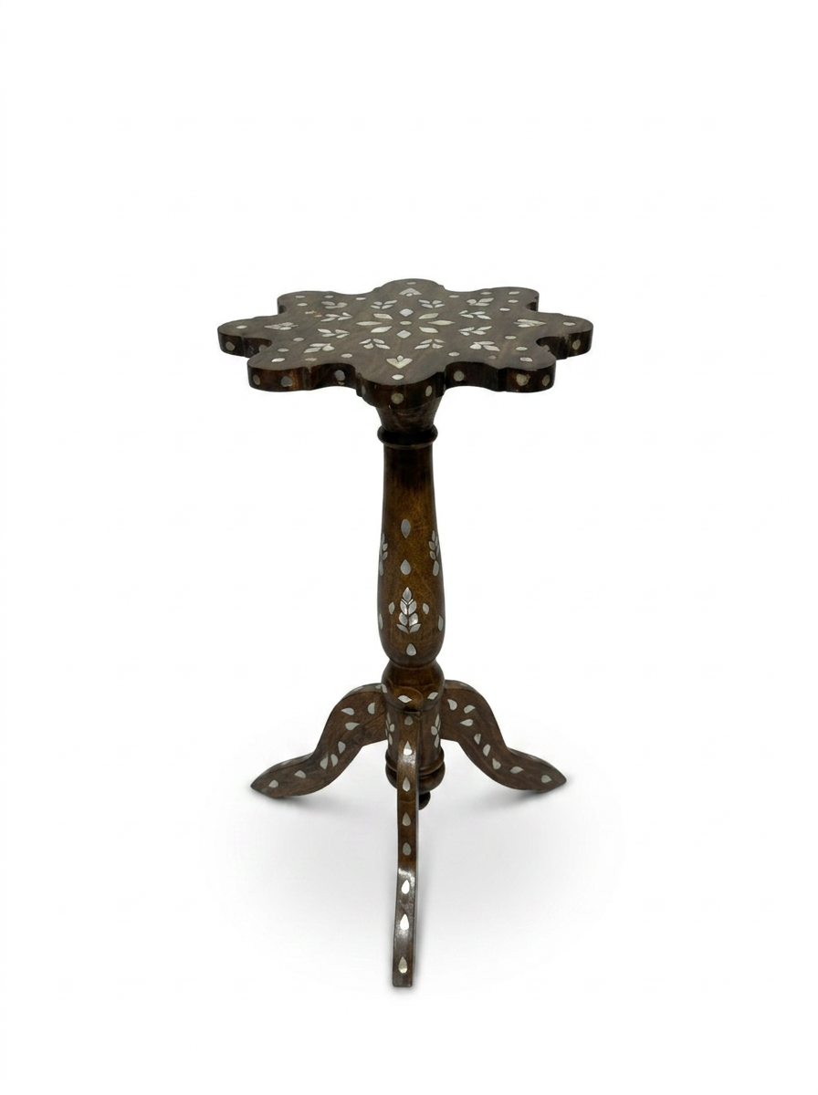 Syrian Pedestal Side Table — Walnut Wood with Mother of Pearl Inlay & Scalloped Star Top