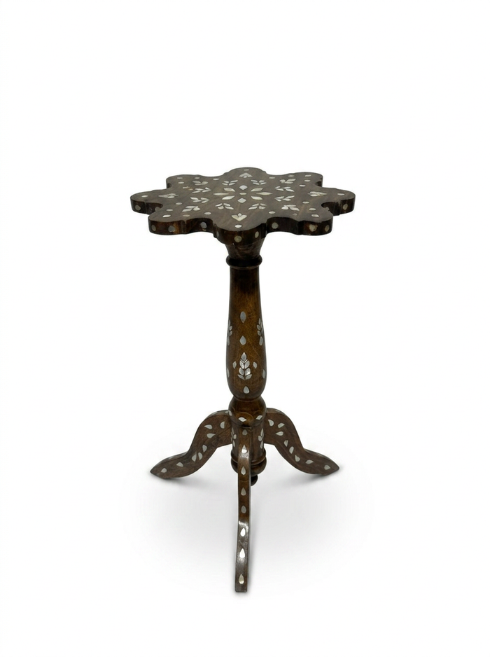 Syrian Pedestal Side Table — Walnut Wood with Mother of Pearl Inlay & Scalloped Star Top