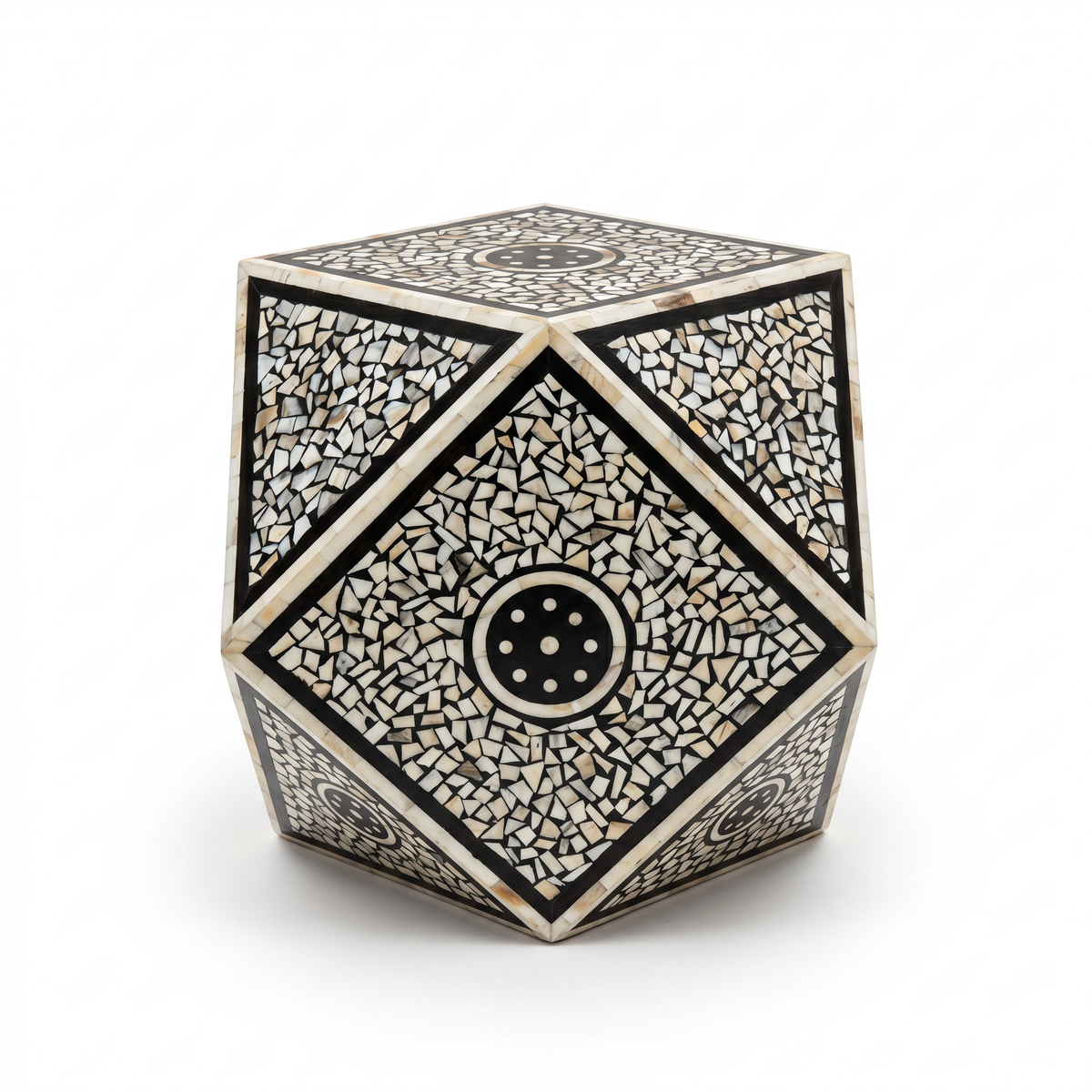 Mother of Pearl & Black Resin Geometric Stool — Mosaic Medallion
