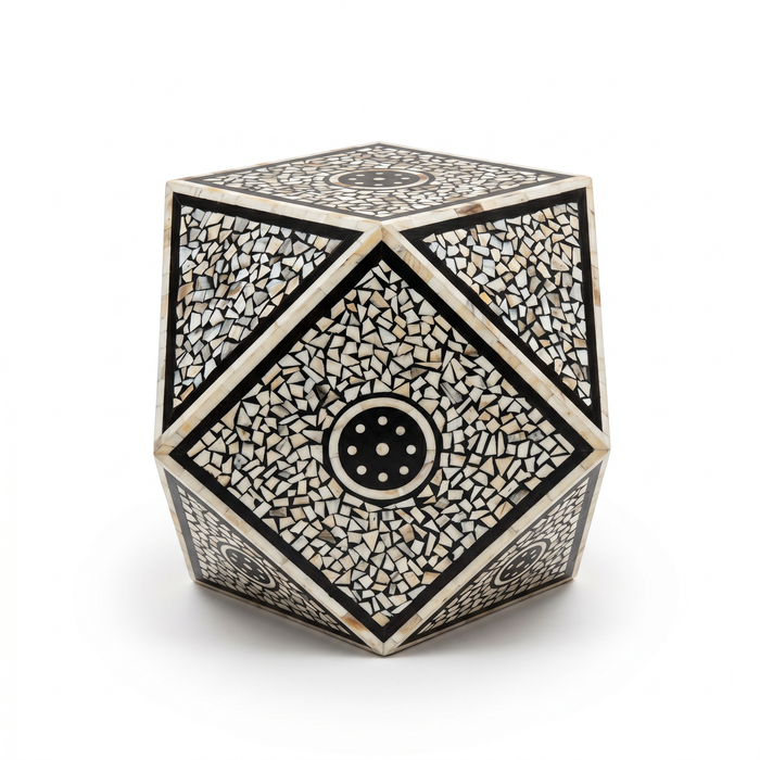 Mother of Pearl & Black Resin Geometric Stool — Mosaic Medallion