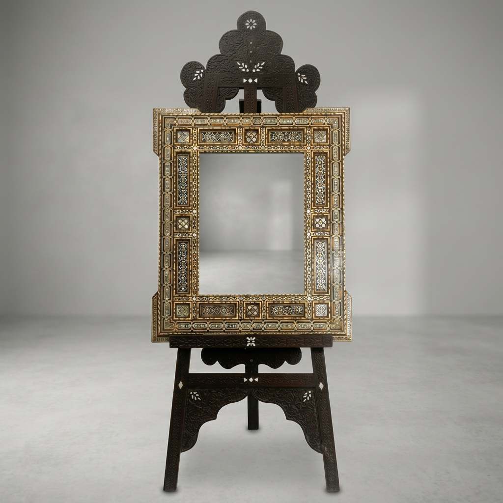 Inlaid Wall Mirror & Display Stand — Mother of Pearl, Camel Bone & Engraved Wood