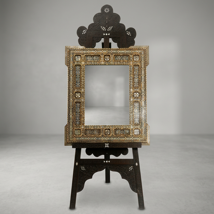 Inlaid Wall Mirror & Display Stand — Mother of Pearl, Camel Bone & Engraved Wood