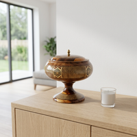 Khatam Micro-Mosaic Turned Wood Lidded Bowl — Geometric Star Inlay with Brass Finial