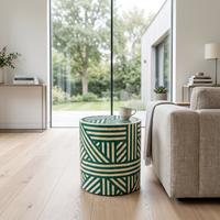 Camel Bone & Emerald Green Resin Drum Stool — Geometric Pinwheel