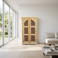 Camel Bone Inlaid Cabinet — Pierced Lattice Doors with Hand-Painted Floral Panels