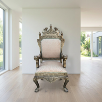 Carved Wood & Embossed Metal Throne Armchair — Lion Crown & Paw Feet with Polychrome Upholstery