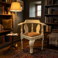 Camel Bone Inlaid Corner Armchair — Tessellated Ivory with Suede Seat & Turned Legs