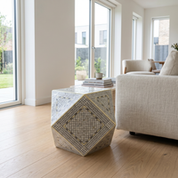 Camel Bone & Mother of Pearl Geometric Side Table — Micro-Grid Mosaic with Diamond Star