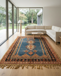 Antique High Atlas Tribal Carpet — Double Medallion in Slate Blue & Saffron, Hand-Knotted Wool