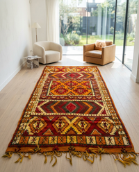 Antique Moroccan Tribal Carpet — Triple Medallion in Burnt Orange, Crimson & Forest Green, Hand-Knotted Wool