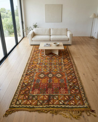 Antique Moroccan Tribal Carpet — All-Over Geometric Field in Amber, Terracotta & Indigo, Hand-Knotted Wool