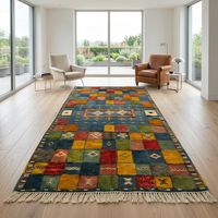 Moroccan Tribal Carpet — Multicolour Patchwork Field on Slate Blue Ground, Hand-Knotted Wool