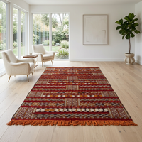 Moroccan Flatweave Kilim — Crimson Horizontal Bands with Geometric Motifs, Hand-Woven Wool