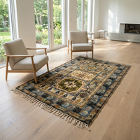 Handknotted Wool Rug — Dual Medallion Field with Slate Blue Floral Border