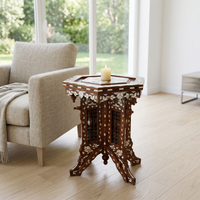 Mother of Pearl, Camel Bone & Resin Hexagonal Side Table — Floral Inlay with Pierced Lattice Apron — Set of 2