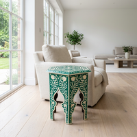 Camel Bone & Resin Hexagonal Side Table — Emerald Ground with Floral Vine & Arched Base