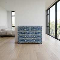 Mother of Pearl & Resin Chest of Drawers — Indigo Ground with Floral Vine & Rosette Handles
