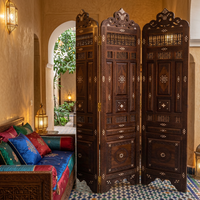 Carved Walnut & Camel Bone Room Divider — Four-Panel Arabesque Screen with Pierced Crown