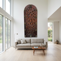 Hand-Carved African Wood Wall Panel — Three Village Life Medallions with Brass Mounts