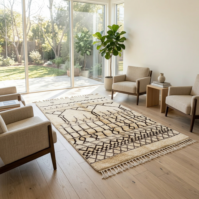 Handknotted Wool Beni Ourain Rug — Ivory Field with Architectural Tribal Lattice