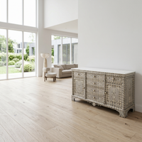 Mother of Pearl, Camel Bone & Wood Sideboard — Micro-Mosaic Geometric Inlay with White Marble Top