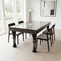 Ebonised Wood & Mother of Pearl Rectangular Dining Table — Geometric Inlay with Glass Top
