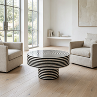 Mother of Pearl & Black Resin Round Table — Concentric Circle & Horizontal Stripe