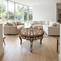 Mother of Pearl & Walnut Wood Round Coffee Table — Floral Arabesque Inlay