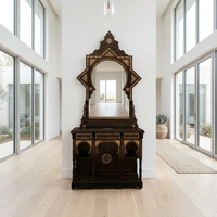 Ebonised Wood & Camel Bone Console Mirror — Eight-Pointed Star Frame with Moorish Arch Cabinet — Set of 2