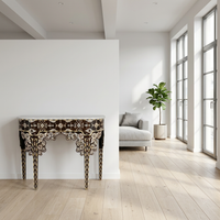 Mother of Pearl, Camel Bone & Wood Demilune Console Table — Floral Garland Inlay with White Marble Top