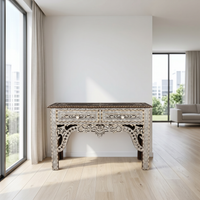 Mother of Pearl, Camel Bone & Wood Console Table — Geometric Mosaic with Pierced Moorish Arch Apron