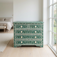 Mother of Pearl & Emerald Green Resin Chest of Drawers — Full Botanical Floral Inlay