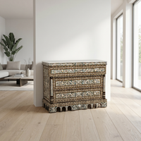 Mother of Pearl & Wood Serpentine Commode — Arabesque Inlay with White Marble Top