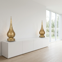 Moorish Brass Table Lamp — Hand-Pierced Teardrop Form with Minaret Finial, Matching Pair