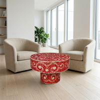 Mother of Pearl & Crimson Red Resin Round Pedestal Table — Floral Botanical Scroll Inlay