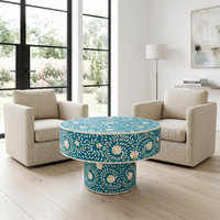 Mother of Pearl & Teal Resin Round Pedestal Table — Floral Botanical Scroll Inlay
