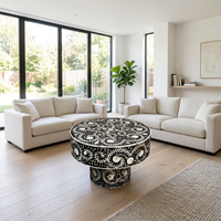 Mother of Pearl Inlaid Round Coffee Table — Ebony Ground with Floral Arabesque Vine