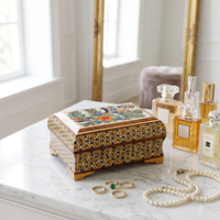 Persian Khatam Micro-Mosaic Box — Hand-Painted Peacock Ceramic Tile Lid with Gold Border
