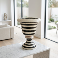 Black & White Striped Camel Bone Chalice Urn — Monochrome Inlaid Pedestal Vessel