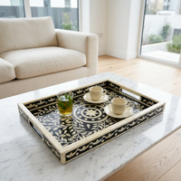 Camel Bone & Resin Inlay Serving Tray — Floral Medallion with Leaf Sprays on Dark Ground