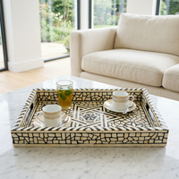 Camel Bone & Resin Inlay Serving Tray — Star Medallion with Petal Rosettes & Striped Border