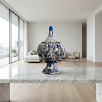 Camel Bone Lidded Urn — Indigo & Ivory Hand-Inlaid Pedestal Vessel with Cobalt Finial