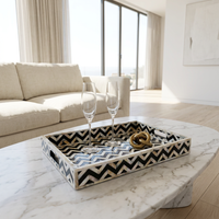 Mother of Pearl & Resin Serving Tray — Iridescent Chevron Herringbone on Black Ground