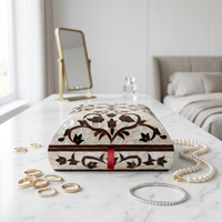 Square Mother of Pearl & Wood Inlay Jewellery Box — Floral Arabesque with Red Ribbon Pull