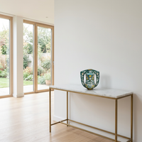 Hand-Painted Ceramic Twin-Handled Vessel — Emerald Ground with White & Saffron Floral Arabesque