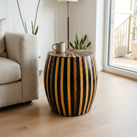 Smoked Wood & Black Resin Drum Stool — Radiating Sunburst